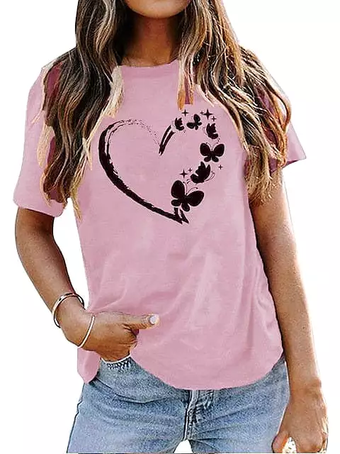 Heart Butterfly Print 100% Cotton Women's T-shirt Peace Green & Black White Basic Short Sleeve