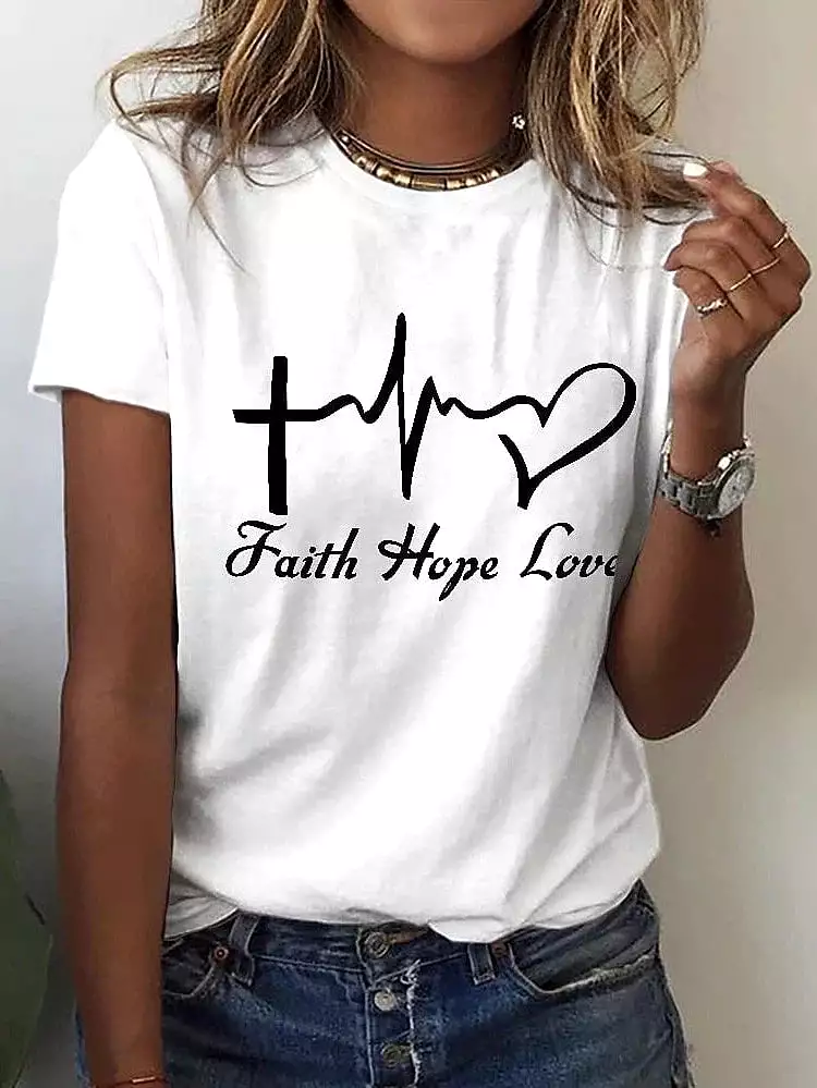 Heart Letter Print Women's Cotton Tee with Short Sleeves