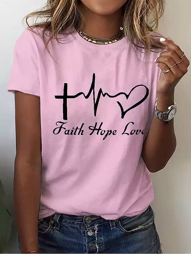 Heart Letter Print Women's Cotton Tee with Short Sleeves