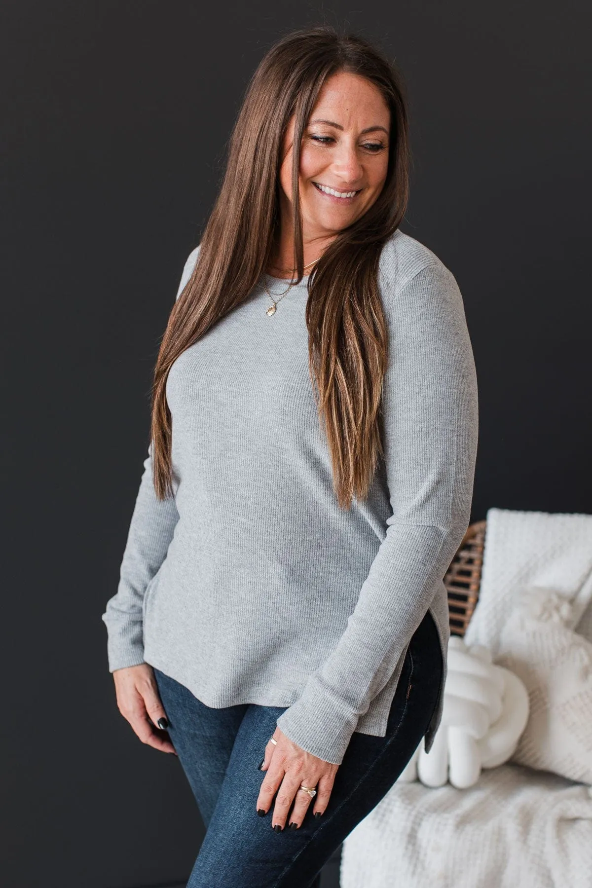 Heart On The Line Knit Top- Heather Grey