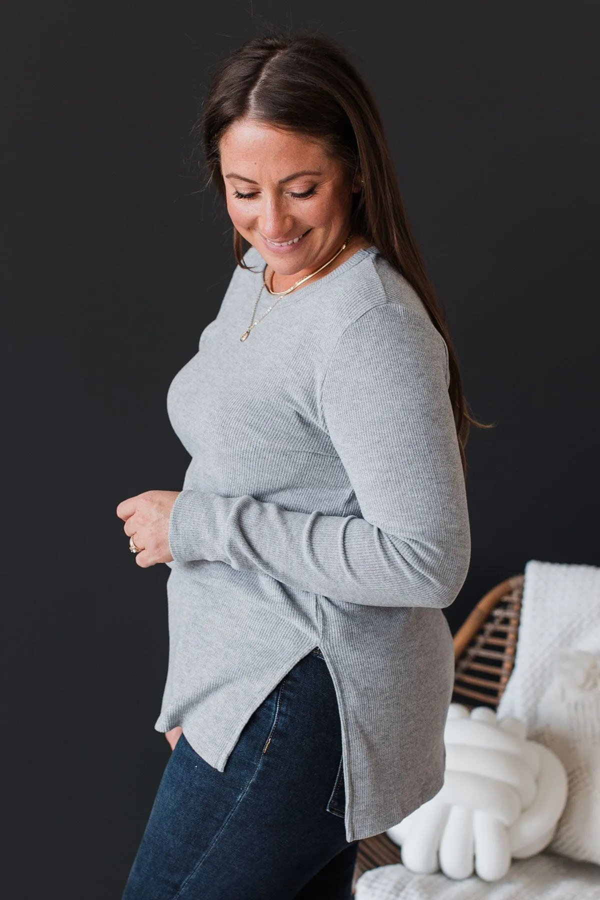 Heart On The Line Knit Top- Heather Grey