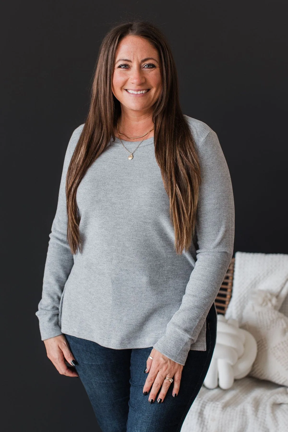 Heart On The Line Knit Top- Heather Grey