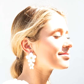 Hibiscus Drop Earrings - White/Gold