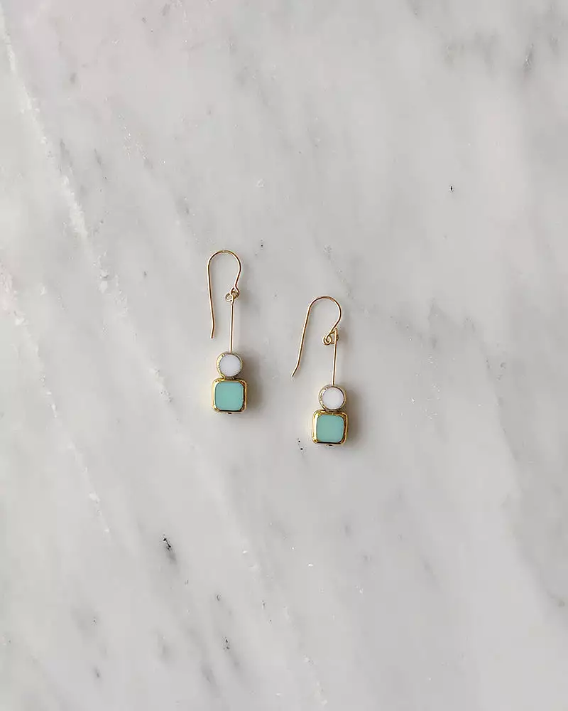 I. Ronni Kappos Stacked Aqua Square w/ White Circle Earrings