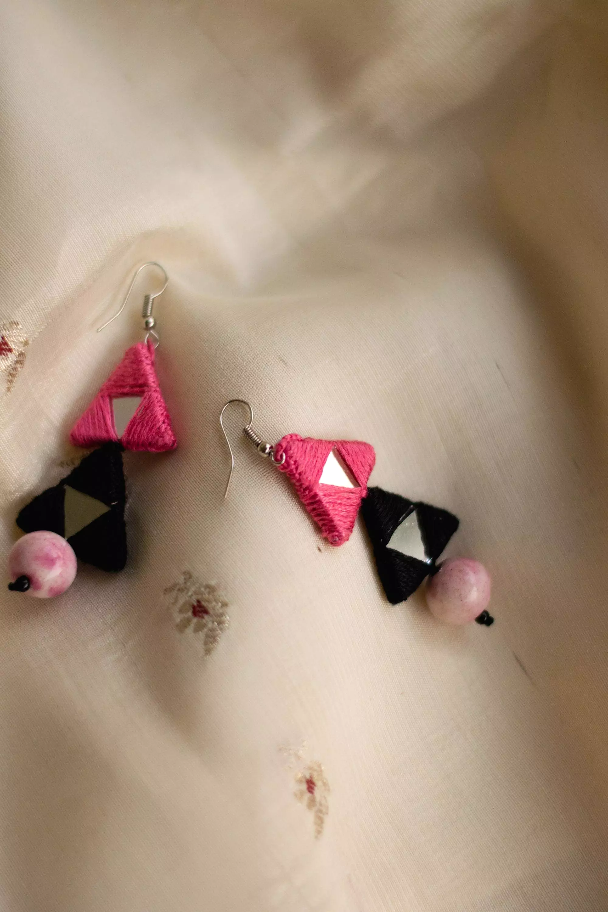 Kaisori Triad thread pottery earrings - pink and white