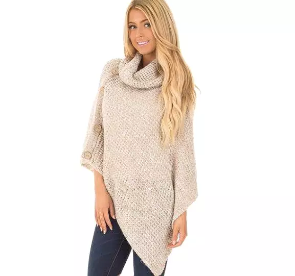 Knitted turtleneck cloak winter sweater Women Elegant button casual Oversize pullover