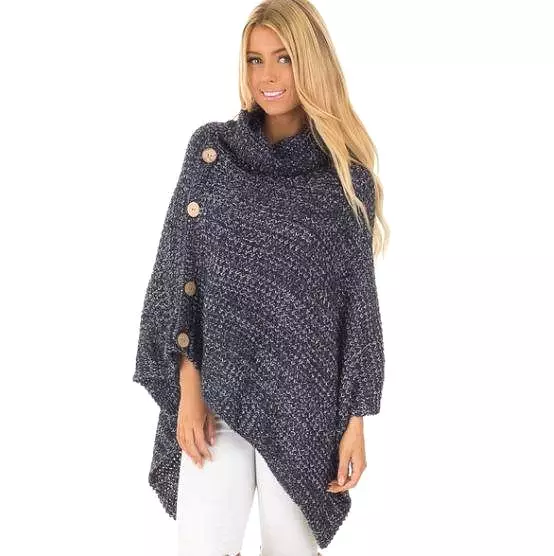 Knitted turtleneck cloak winter sweater Women Elegant button casual Oversize pullover