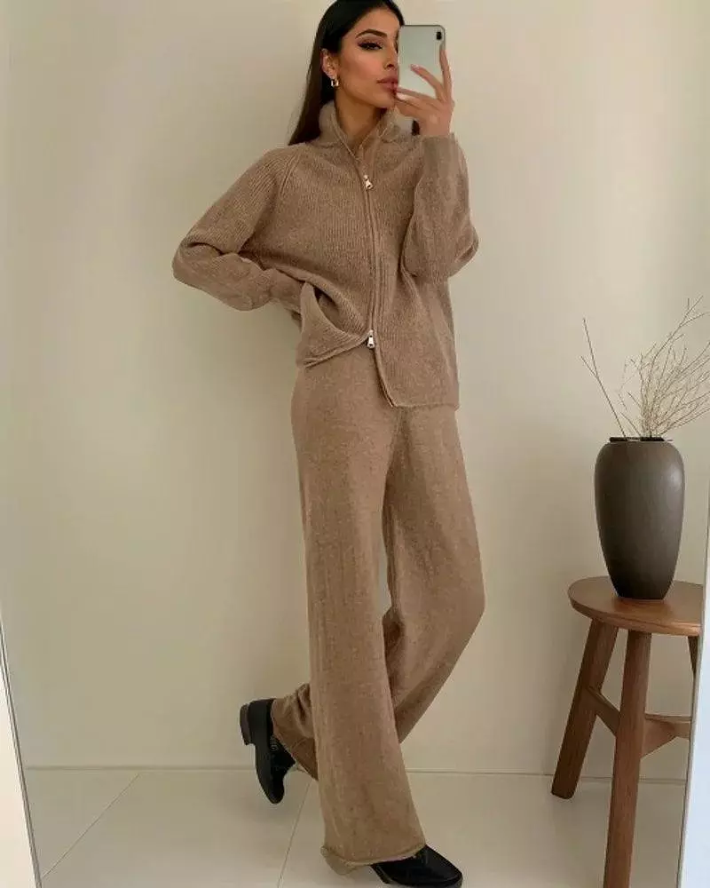 Knitted Zipper Cardigan Women Pants Sweater Set