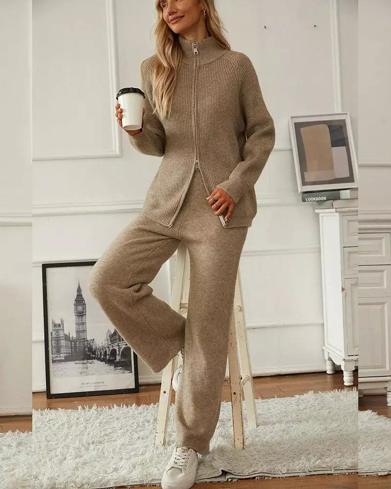 Knitted Zipper Cardigan Women Pants Sweater Set