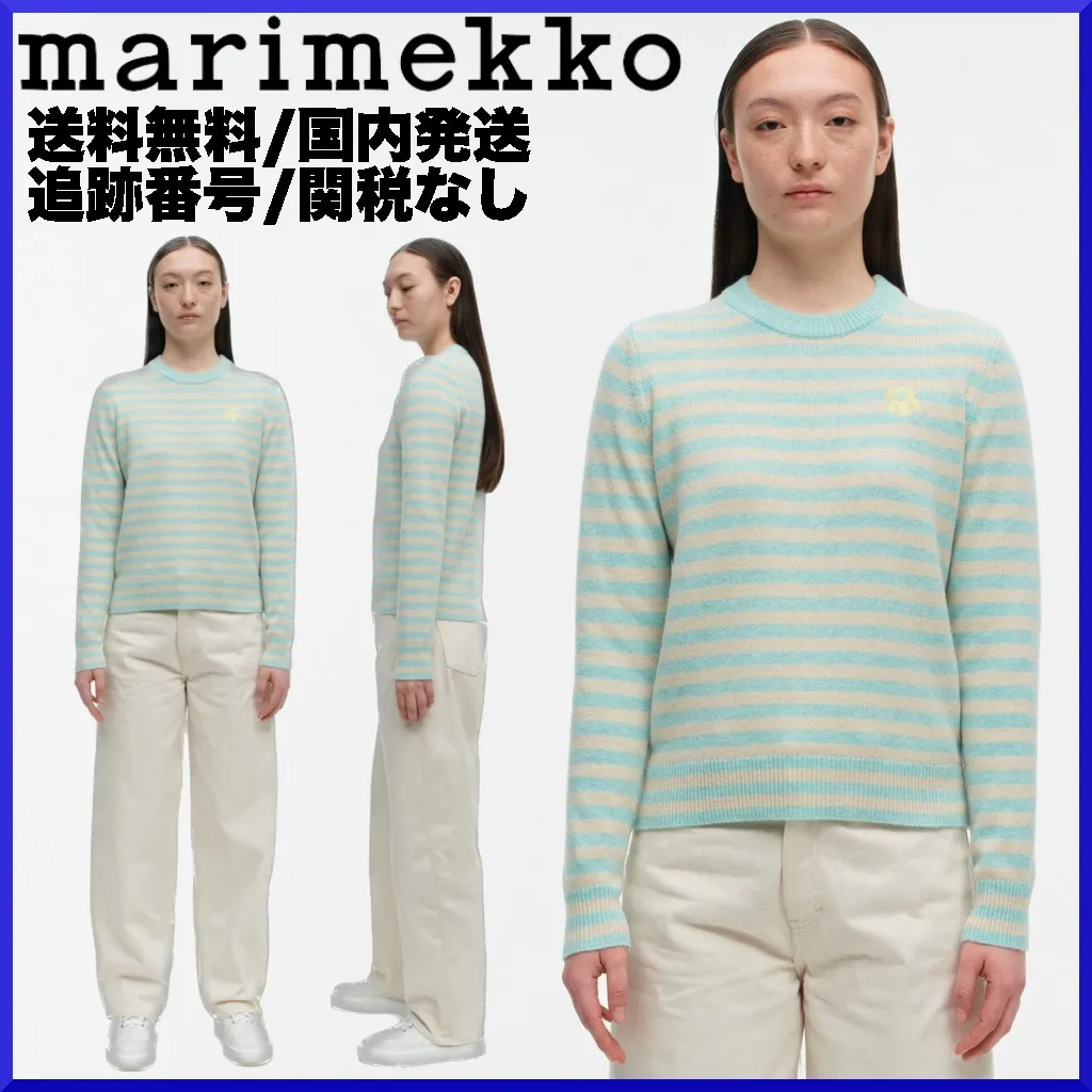 marimekko  |Crew Neck Stripes Flower Patterns Casual Style Wool Nylon