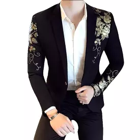 Men Blazer - Floral Gold Print Casual Blazer