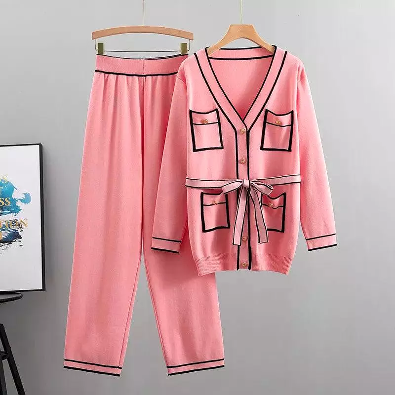 Multi-pockets Two-Piece Women Pants Sweater Set