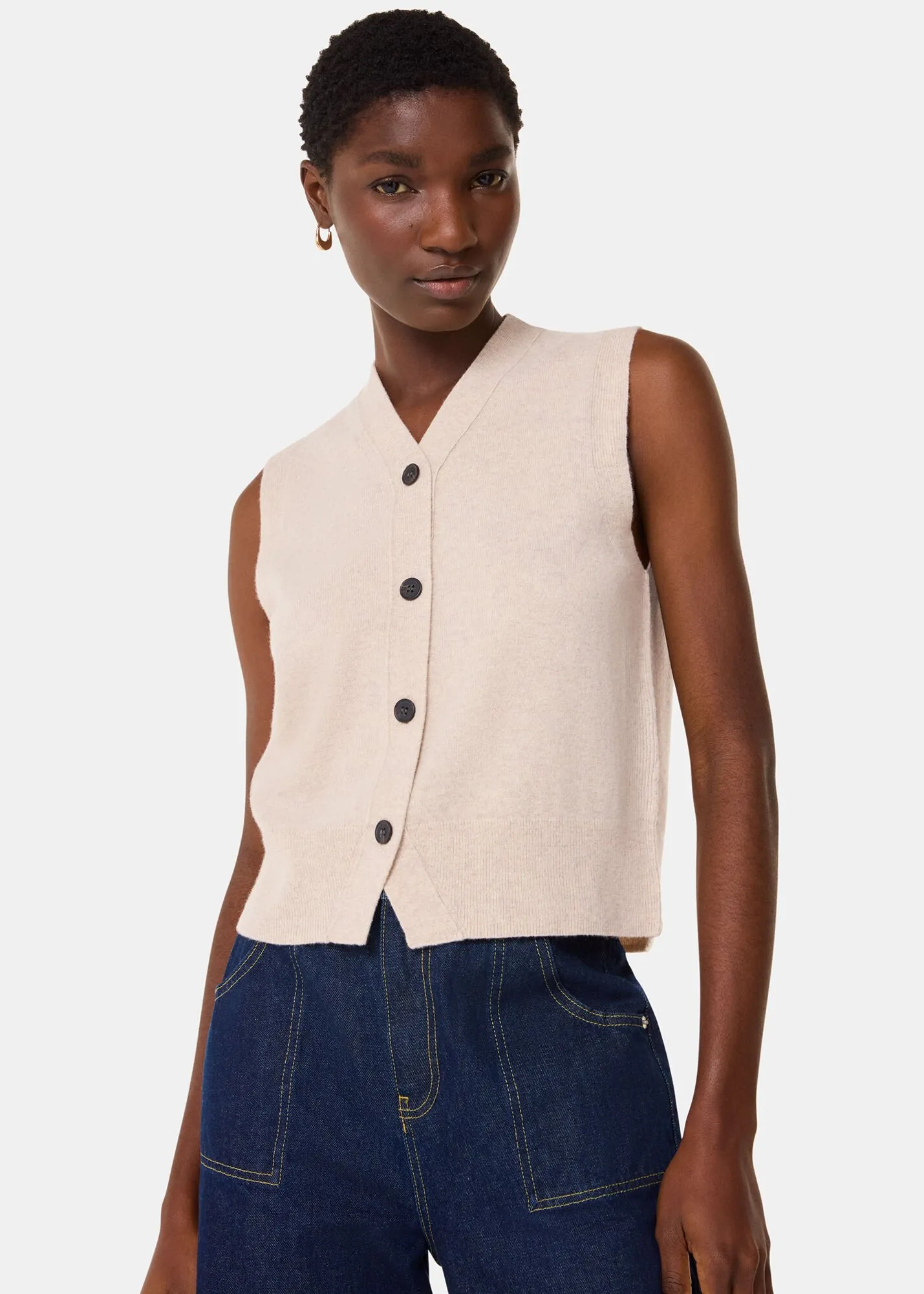 Oatmeal Wool V Neck Button Front Tank