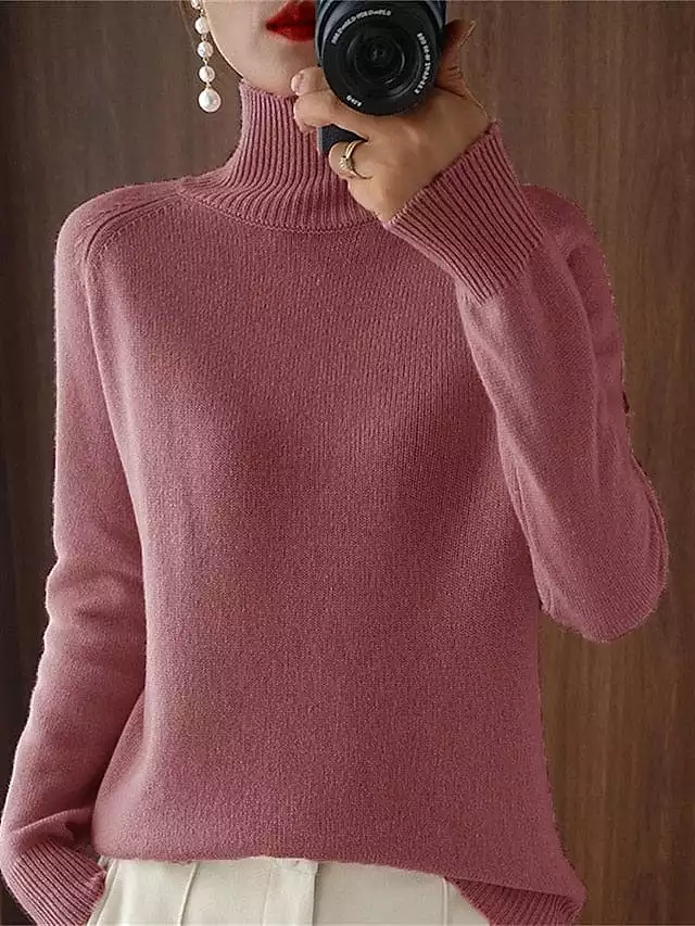 Oversized Turtleneck Wool Sweater for Women - Black, White, Pink - S M L