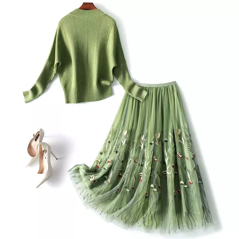 Pullover Sweater With Embroidered Mesh Skirt