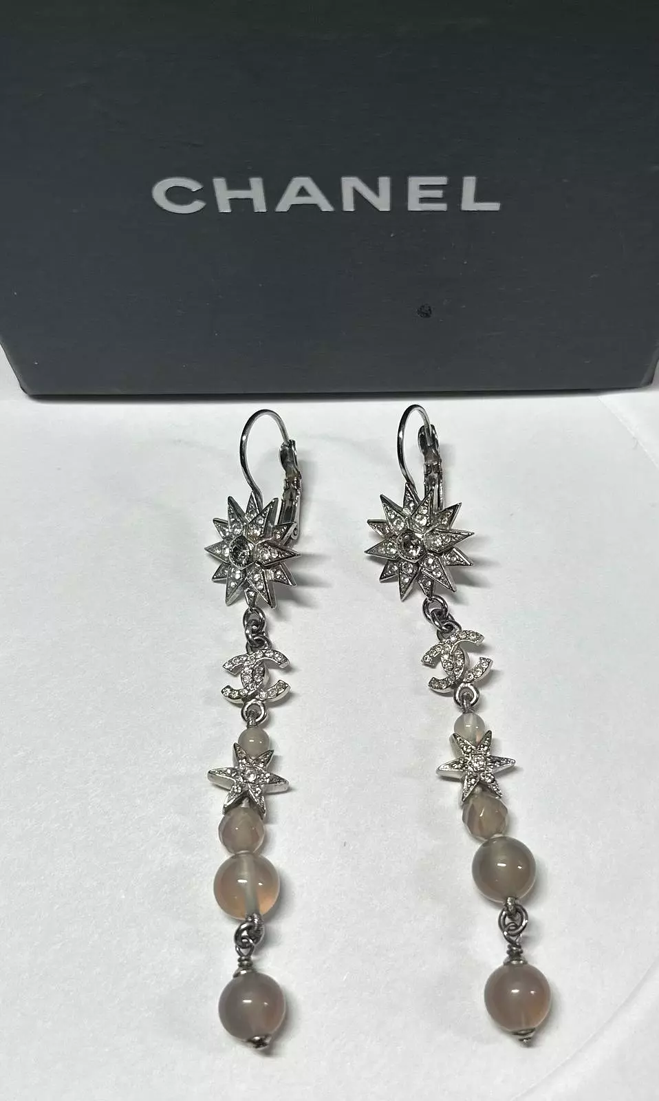 Rare Chanel 15A 2015 Fall Silver Long Star Crystal Dangle Drop Pierced Earrings