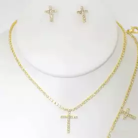 Rhinestone Cross Necklace Earring Bracelet Set