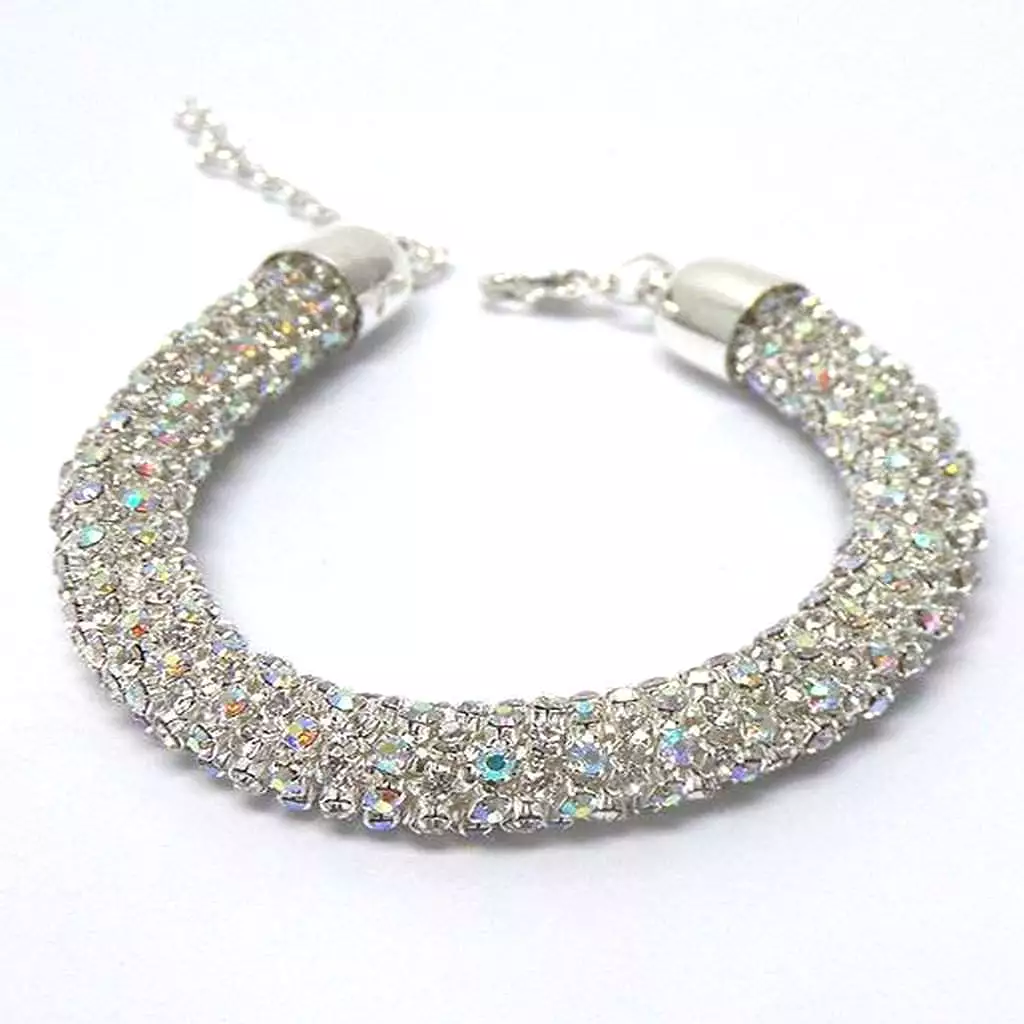 Rhinestone Silver Rope Mesh Chain Bracelet