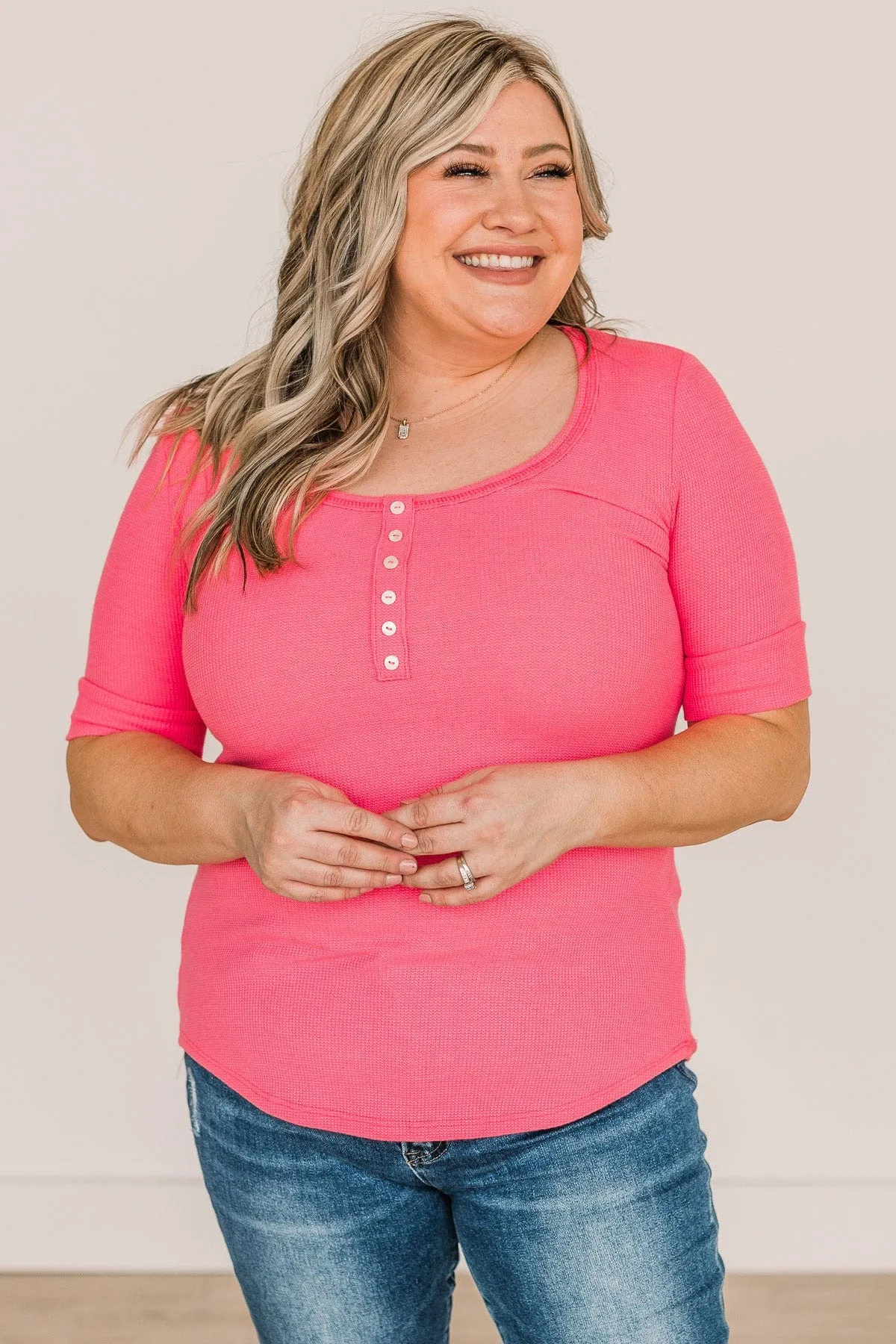 Right Timing Short Sleeve Button Top- Neon Pink