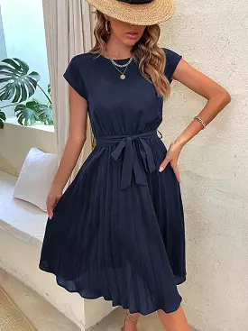 Short Sleeve Pleated Midi Dress