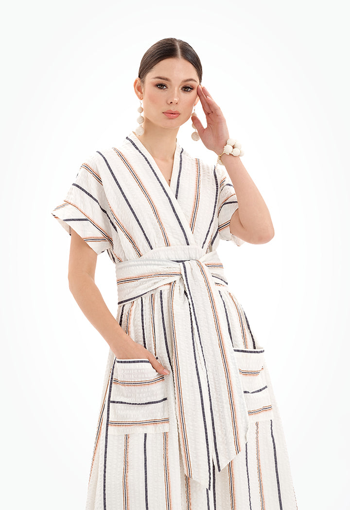 Short Sleeves V-Neck Striped Maxi Dress - Ramadan Style