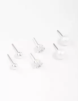 Silver Classic Pearl & Diamante Stud Earring 3-Pack