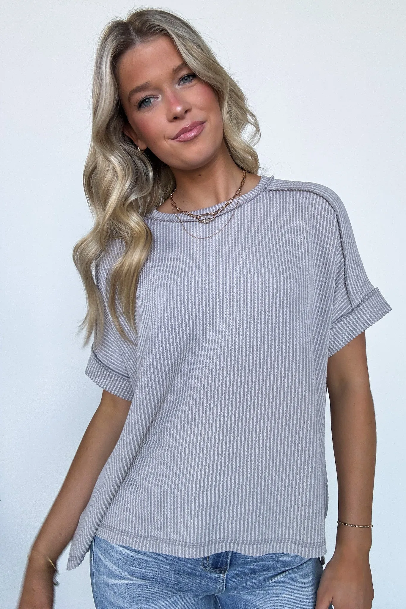 Simple Adoration Rib Knit Cuff Sleeve Raw Edge Top - BACK IN STOCK