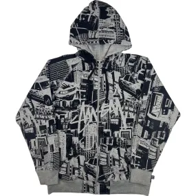 Stussy Cityscape All Over Print Zip-Up Hoodie Grey