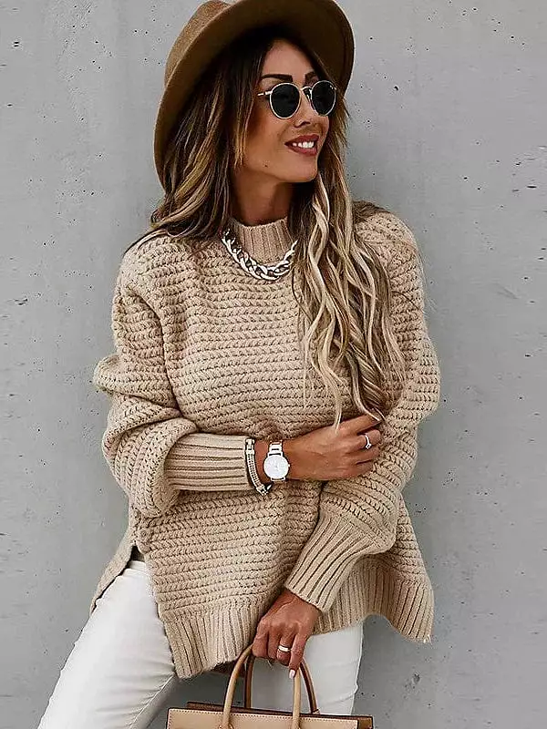 Stylish Split Knitted Long Sleeve Pullover Sweater for Women