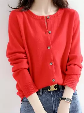 Stylish Wine Red Button-Up Cardigan Sweater for Women