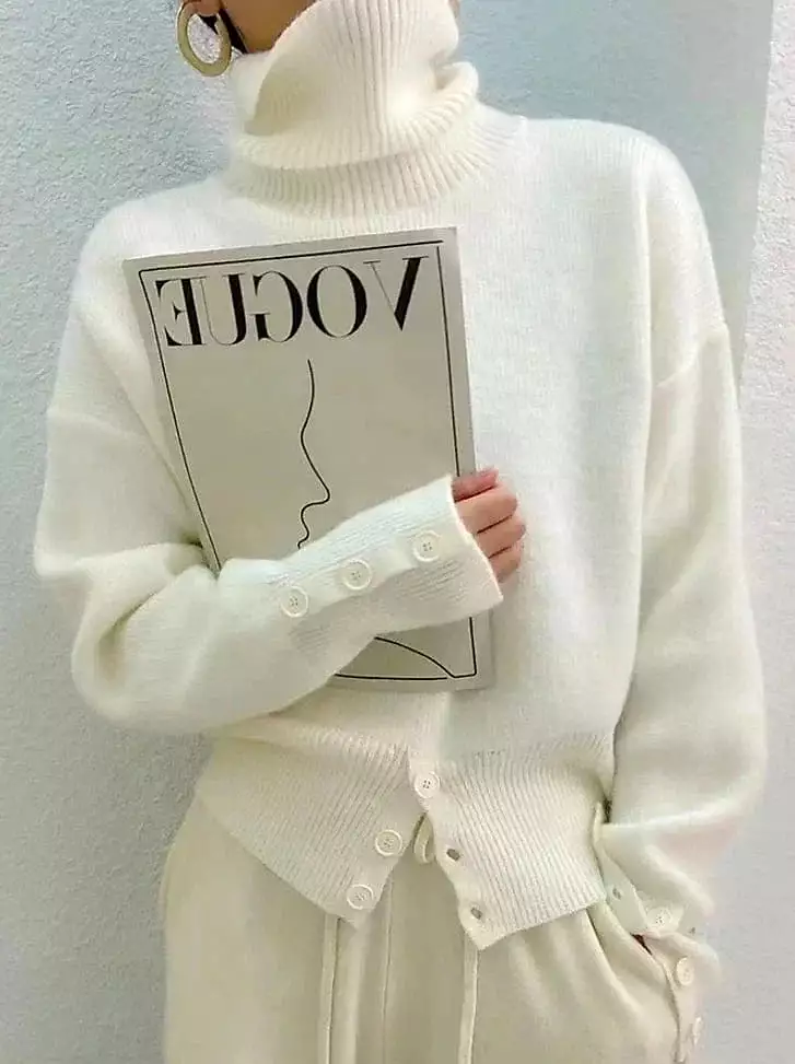 Stylish Women's White Crochet Knit Turtleneck Sweater