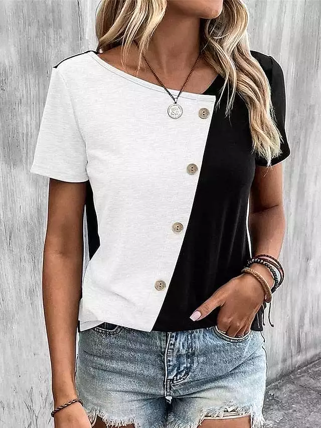 T shirt Tee White Pink Khaki Color Block Button Short Sleeve Daily Weekend Basic V Neck Regular S for Women