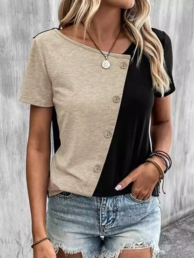 T shirt Tee White Pink Khaki Color Block Button Short Sleeve Daily Weekend Basic V Neck Regular S for Women