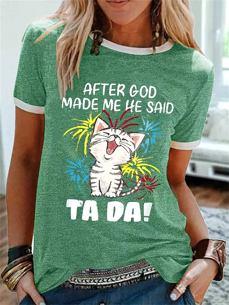 Trendy Cat Print Women's T-shirt with Short Sleeves