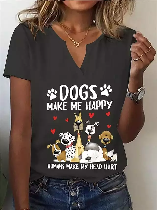 Trendy Women's Dog Print V-Neck T-Shirt with Short Sleeves