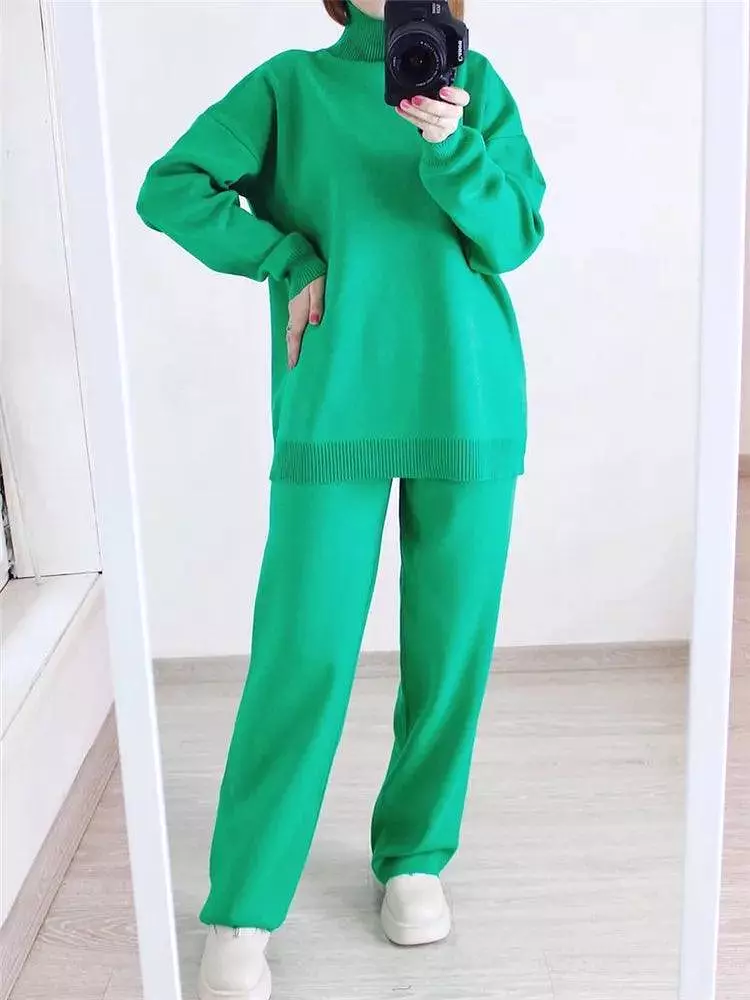 Turtleneck Women Pants Sweater Set