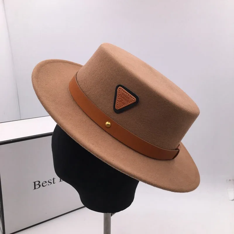 Unisex Wool Period Triangle Mark Belted Wide Brim Flat Roofed Hat