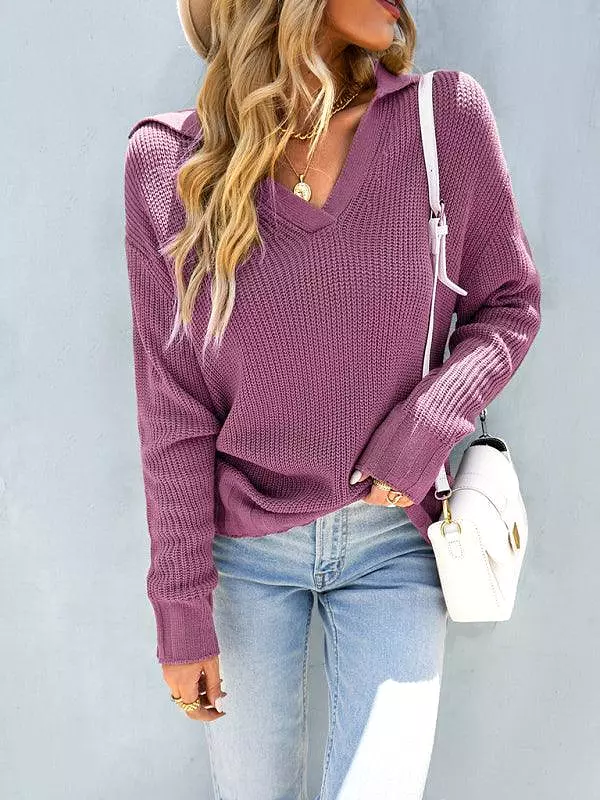 V-Neck Polo Women Sweater Top