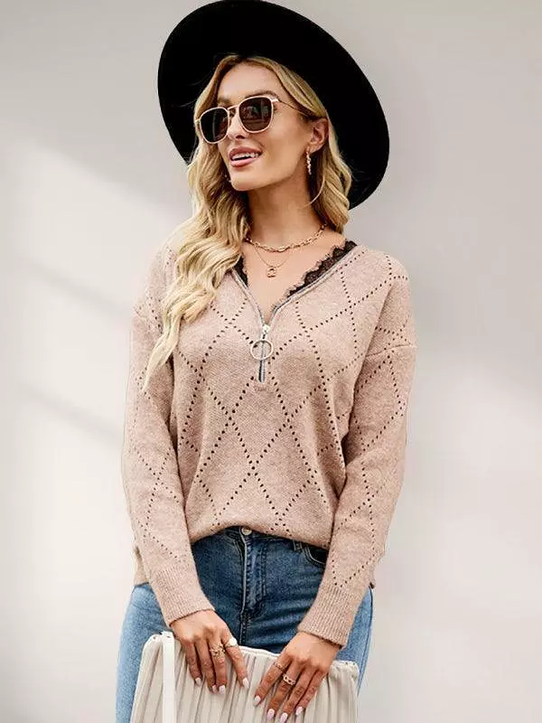 V-Neck Zipper Knitwear Sweater Top for Women