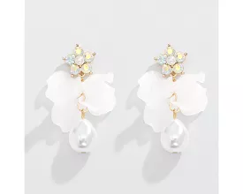 White Petals and Pearls with Crystal Earrings