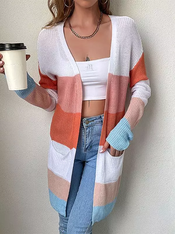 Women Casual Block Striped Cardigan Sweater