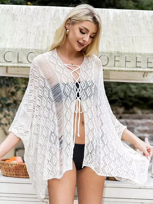 Women Solid Color Hollow Lace-Up Cardigan Beach Top