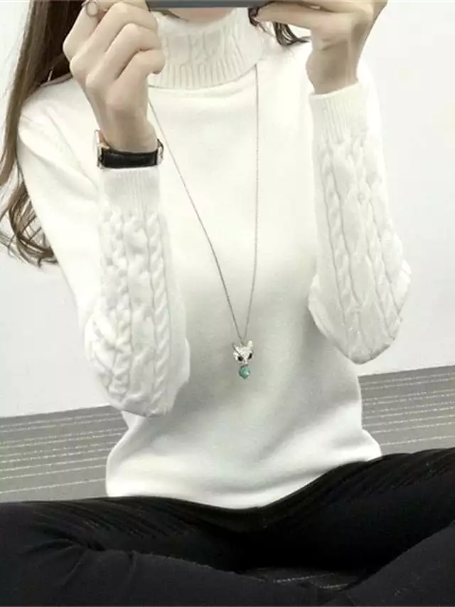 Women's Crochet Knit Turtleneck Pullover Sweater Jumper