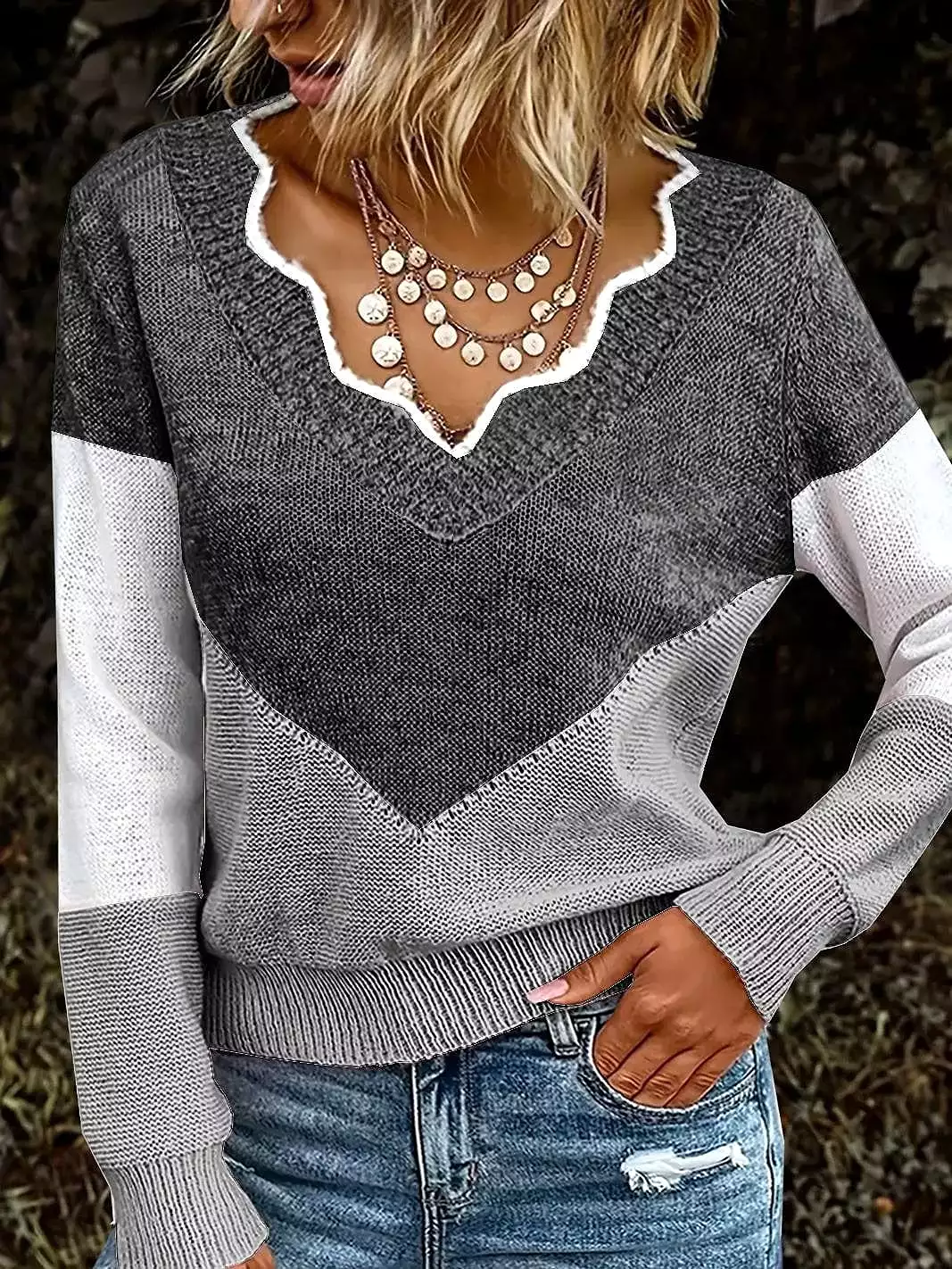 Women's Oversized V-Neck Crochet Knit Sweater in Blue, Khaki, or Dark Gray