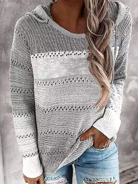 Women's Soft Knit Color Block Pullover Sweater Jumper with Hood