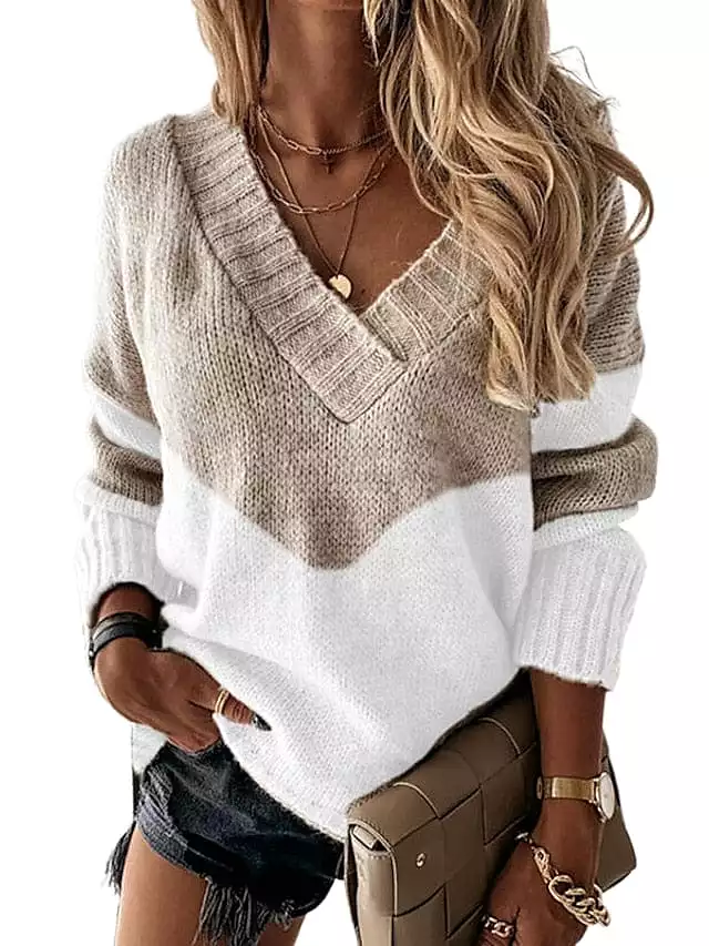 Women's V-Neck Color Block Pullover Sweater in Cotton Blend Knit