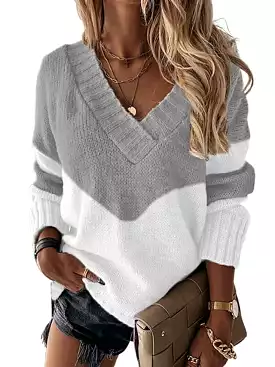 Women's V-Neck Color Block Pullover Sweater in Cotton Blend Knit