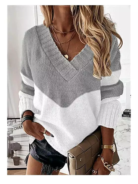 Women's V-Neck Color Block Pullover Sweater in Cotton Blend Knit