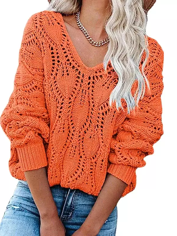 Women's V-Neck Crochet Knit Sweater with Hollow Out Design