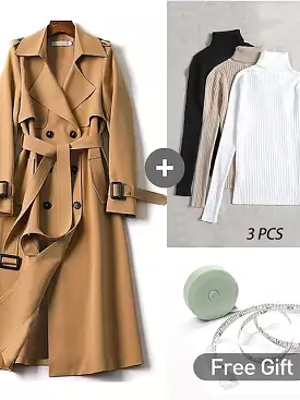 Women's Winter Wardrobe Essential: Chic 4-Piece Trench Coat & Sweater Ensemble